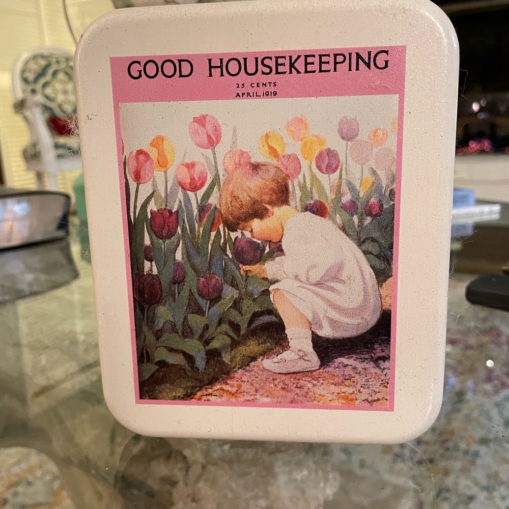 1993 Good Housekeeping Girl Picking Tulips Tin Reproduction
